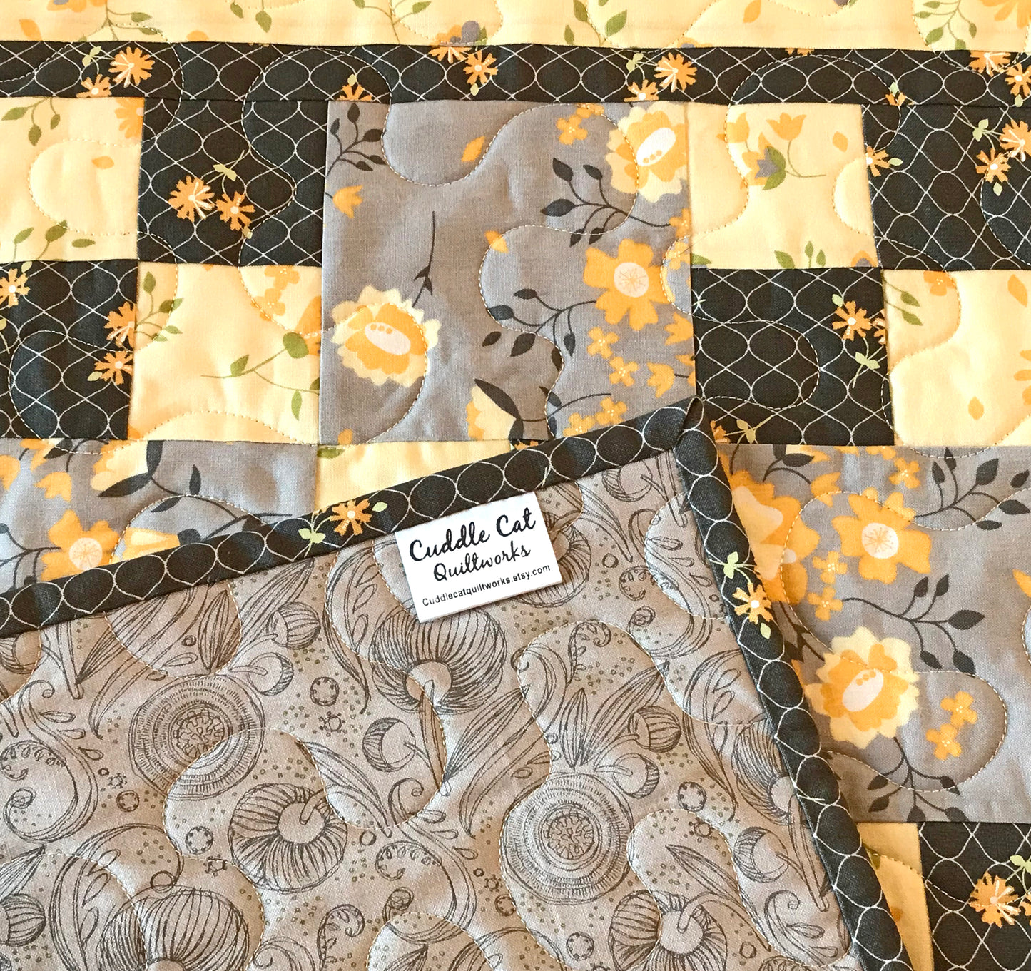 Yellow and Gray Patchwork Table Topper - Handmade Quilts, Digital Patterns, and Home Décor items online - Cuddle Cat Quiltworks