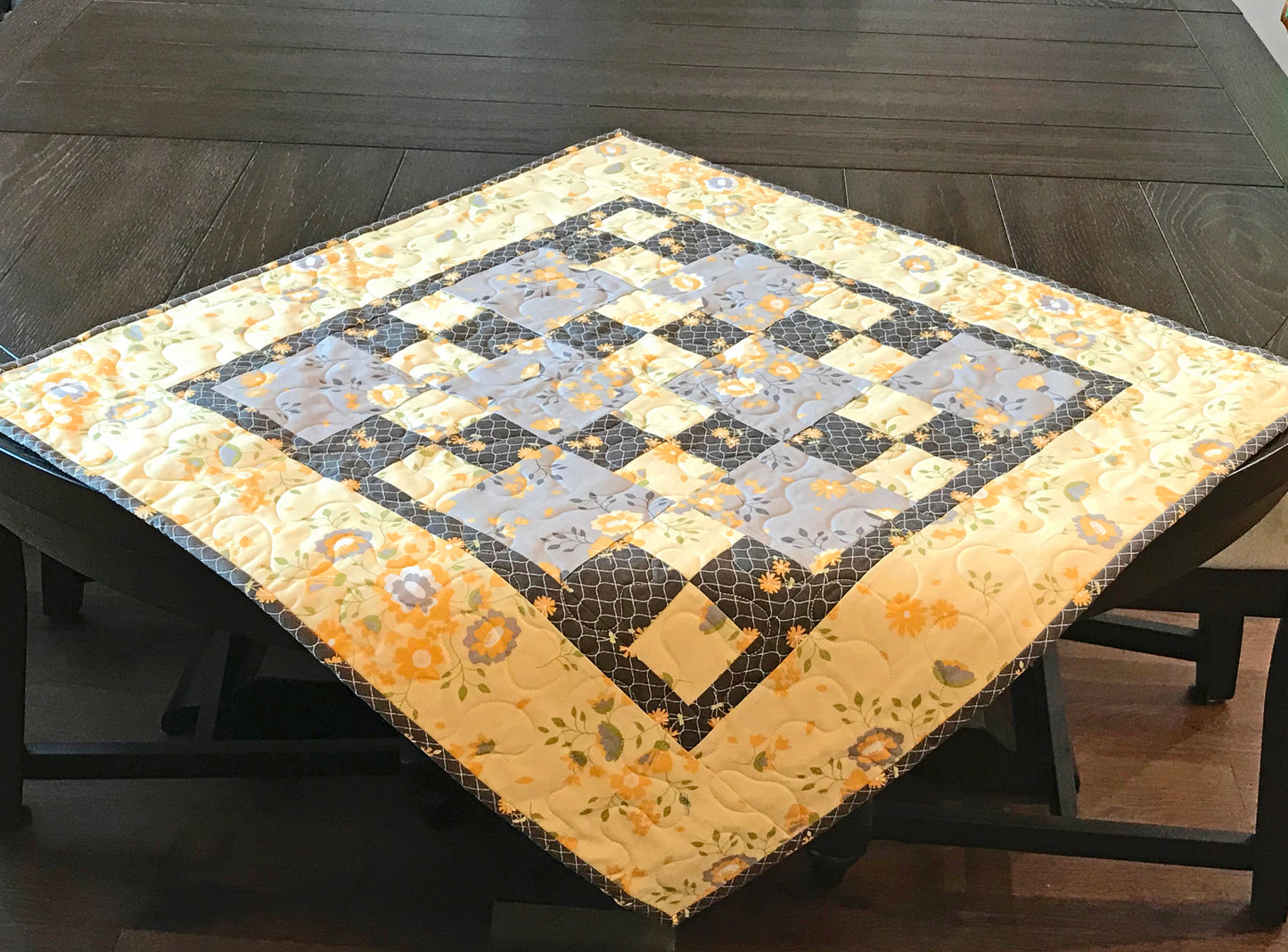 Yellow and Gray Patchwork Table Topper - Handmade Quilts, Digital Patterns, and Home Décor items online - Cuddle Cat Quiltworks