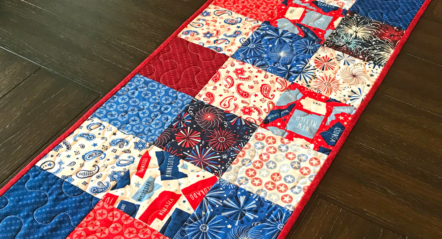 Patriotic Patchwork Table Runner - Handmade Quilts, Digital Patterns, and Home Décor items online - Cuddle Cat Quiltworks