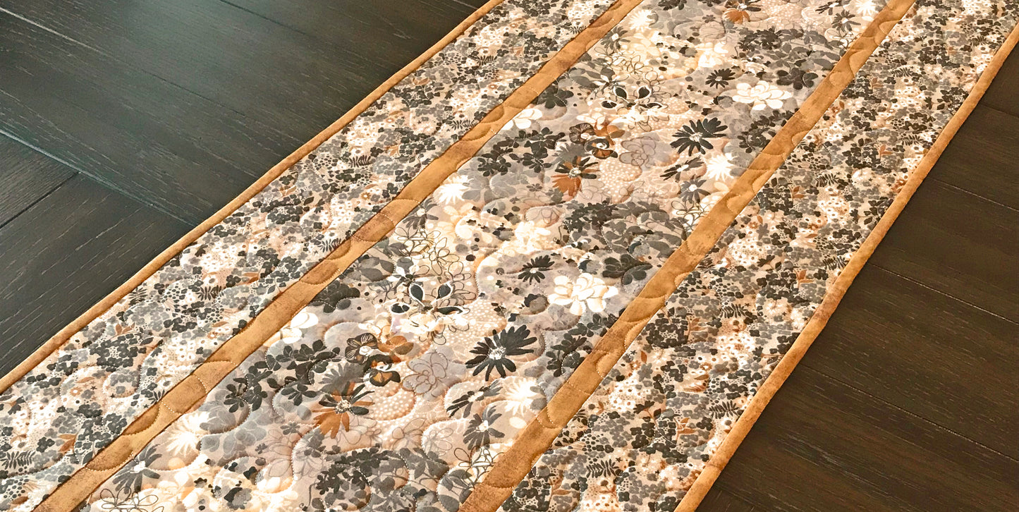 Gray and Caramel Floral Table Runner - Handmade Quilts, Digital Patterns, and Home Décor items online - Cuddle Cat Quiltworks