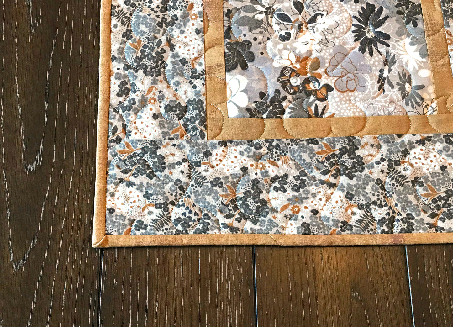 Gray and Caramel Floral Table Runner - Handmade Quilts, Digital Patterns, and Home Décor items online - Cuddle Cat Quiltworks