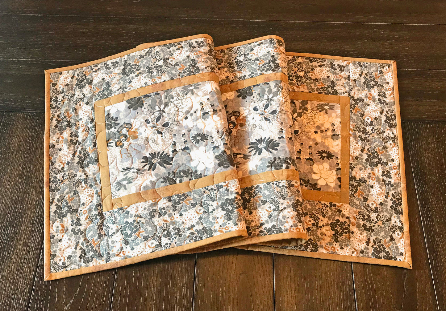 Gray and Caramel Floral Table Runner - Handmade Quilts, Digital Patterns, and Home Décor items online - Cuddle Cat Quiltworks