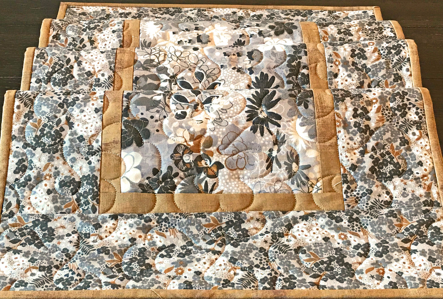 Gray and Caramel Floral Table Runner - Handmade Quilts, Digital Patterns, and Home Décor items online - Cuddle Cat Quiltworks