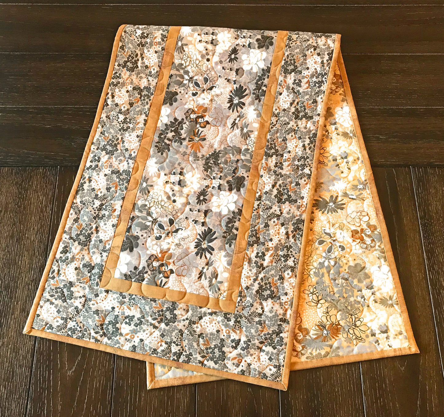 Gray and Caramel Floral Table Runner - Handmade Quilts, Digital Patterns, and Home Décor items online - Cuddle Cat Quiltworks