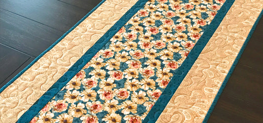 Teal and Cream Floral Table Runner - Handmade Quilts, Digital Patterns, and Home Décor items online - Cuddle Cat Quiltworks
