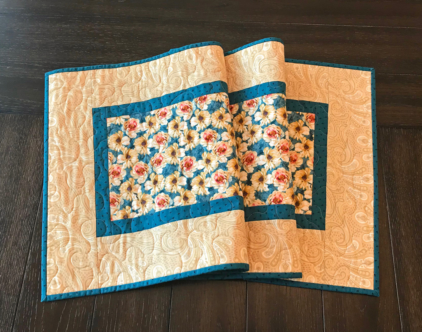 Teal and Cream Floral Table Runner - Handmade Quilts, Digital Patterns, and Home Décor items online - Cuddle Cat Quiltworks