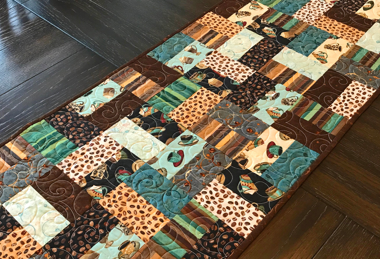 Teal and Brown Coffee Themed Table Runner - Handmade Quilts, Digital Patterns, and Home Décor items online - Cuddle Cat Quiltworks