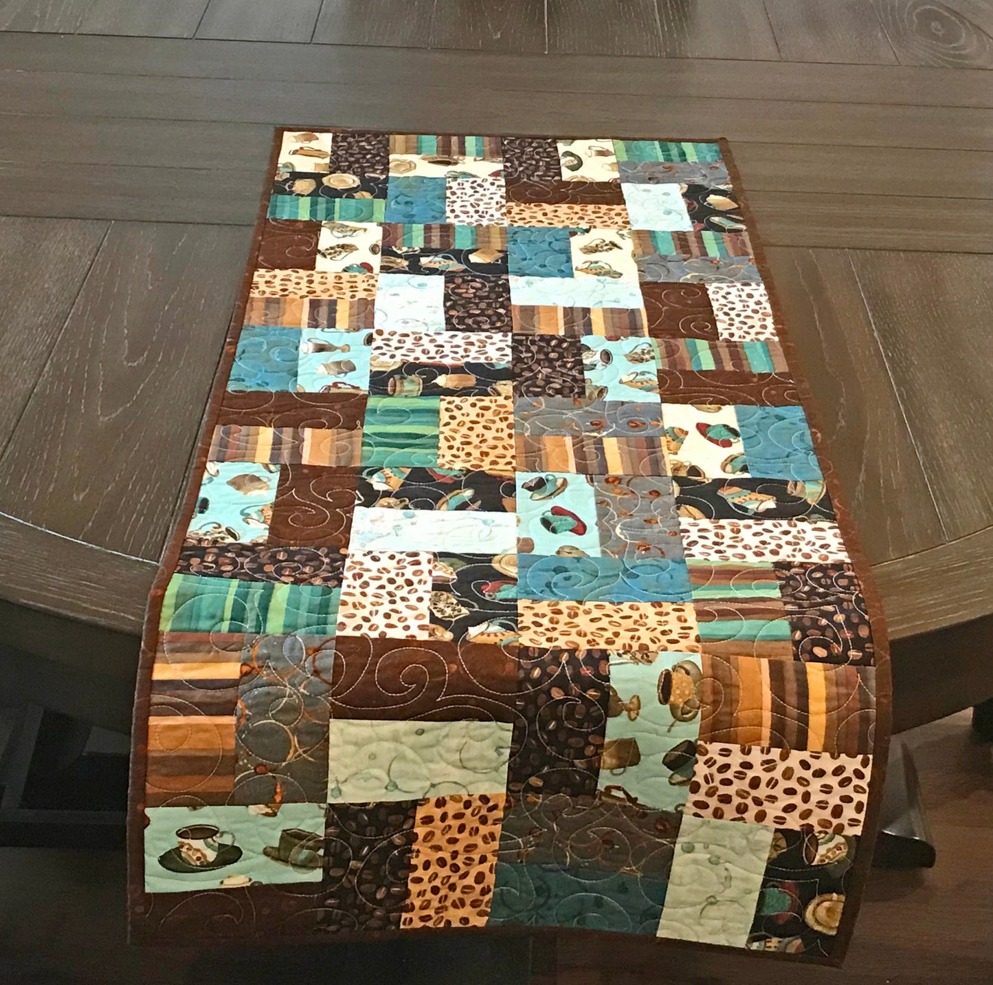 Teal and Brown Coffee Themed Table Runner - Handmade Quilts, Digital Patterns, and Home Décor items online - Cuddle Cat Quiltworks