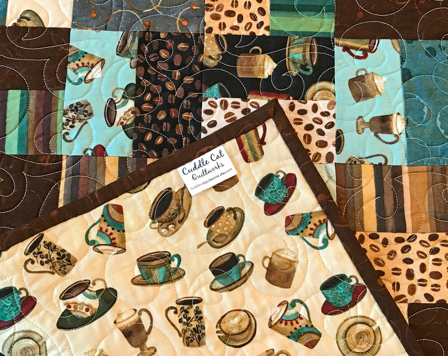 Teal and Brown Coffee Themed Table Runner - Handmade Quilts, Digital Patterns, and Home Décor items online - Cuddle Cat Quiltworks