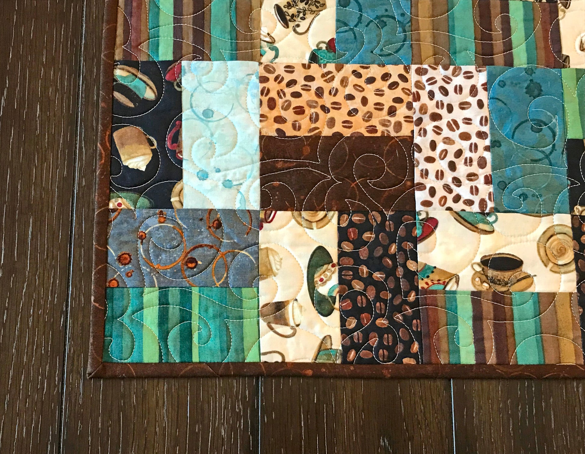 Teal and Brown Coffee Themed Table Runner - Handmade Quilts, Digital Patterns, and Home Décor items online - Cuddle Cat Quiltworks