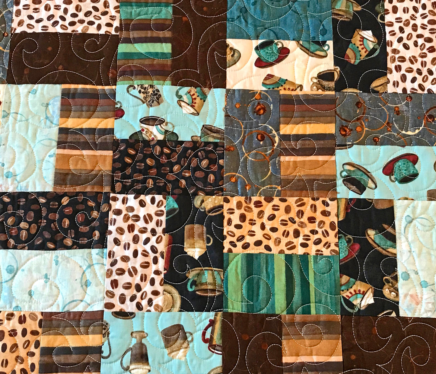 Teal and Brown Coffee Themed Table Runner - Handmade Quilts, Digital Patterns, and Home Décor items online - Cuddle Cat Quiltworks