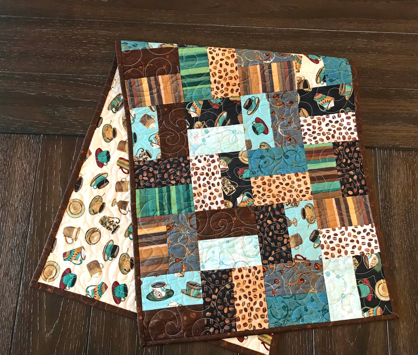 Teal and Brown Coffee Themed Table Runner - Handmade Quilts, Digital Patterns, and Home Décor items online - Cuddle Cat Quiltworks