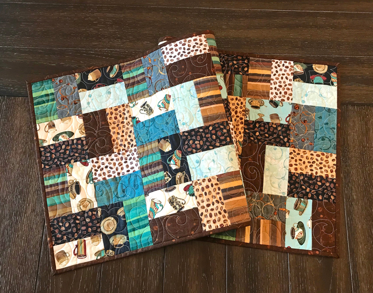 Teal and Brown Coffee Themed Table Runner - Handmade Quilts, Digital Patterns, and Home Décor items online - Cuddle Cat Quiltworks