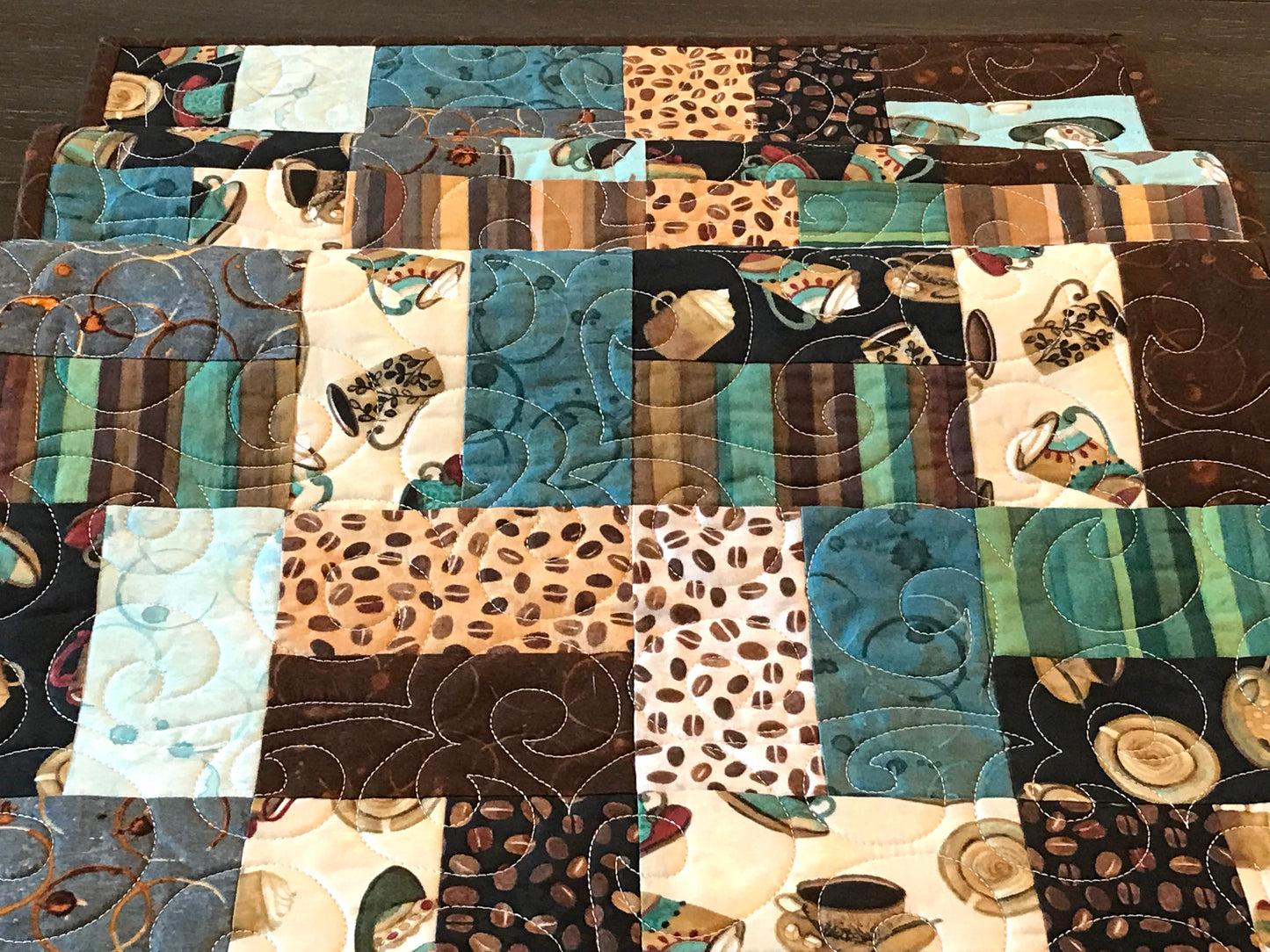 Teal and Brown Coffee Themed Table Runner - Handmade Quilts, Digital Patterns, and Home Décor items online - Cuddle Cat Quiltworks