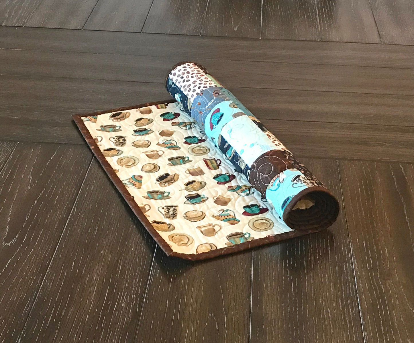 Teal and Brown Coffee Themed Table Runner - Handmade Quilts, Digital Patterns, and Home Décor items online - Cuddle Cat Quiltworks