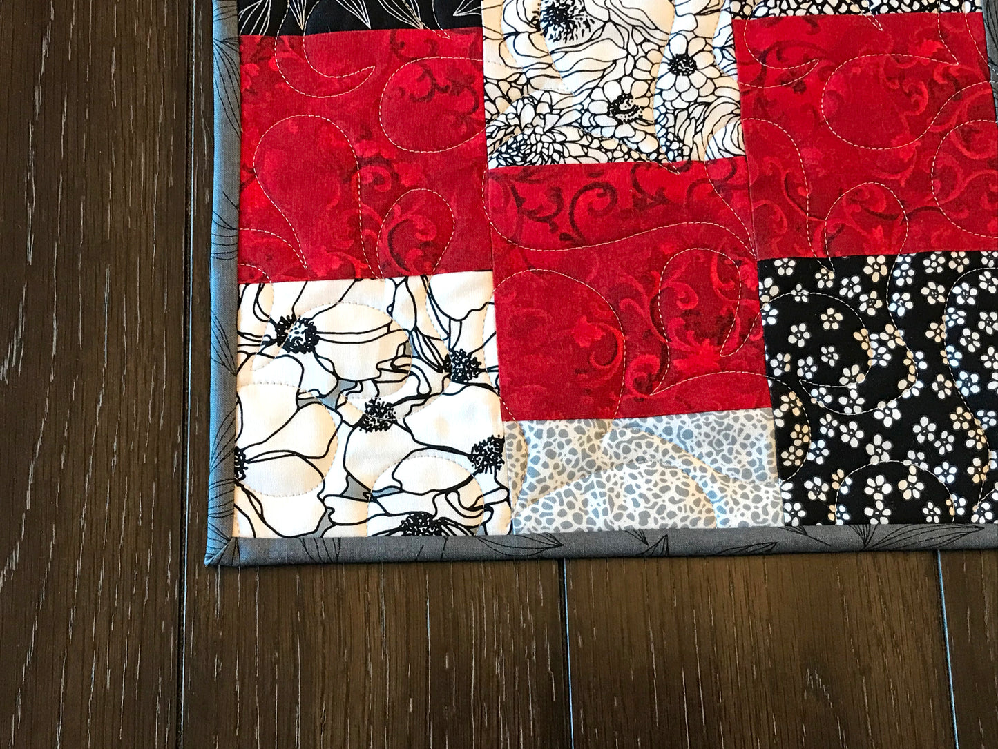 Red and Gray Patchwork Table Runner - Handmade Quilts, Digital Patterns, and Home Décor items online - Cuddle Cat Quiltworks