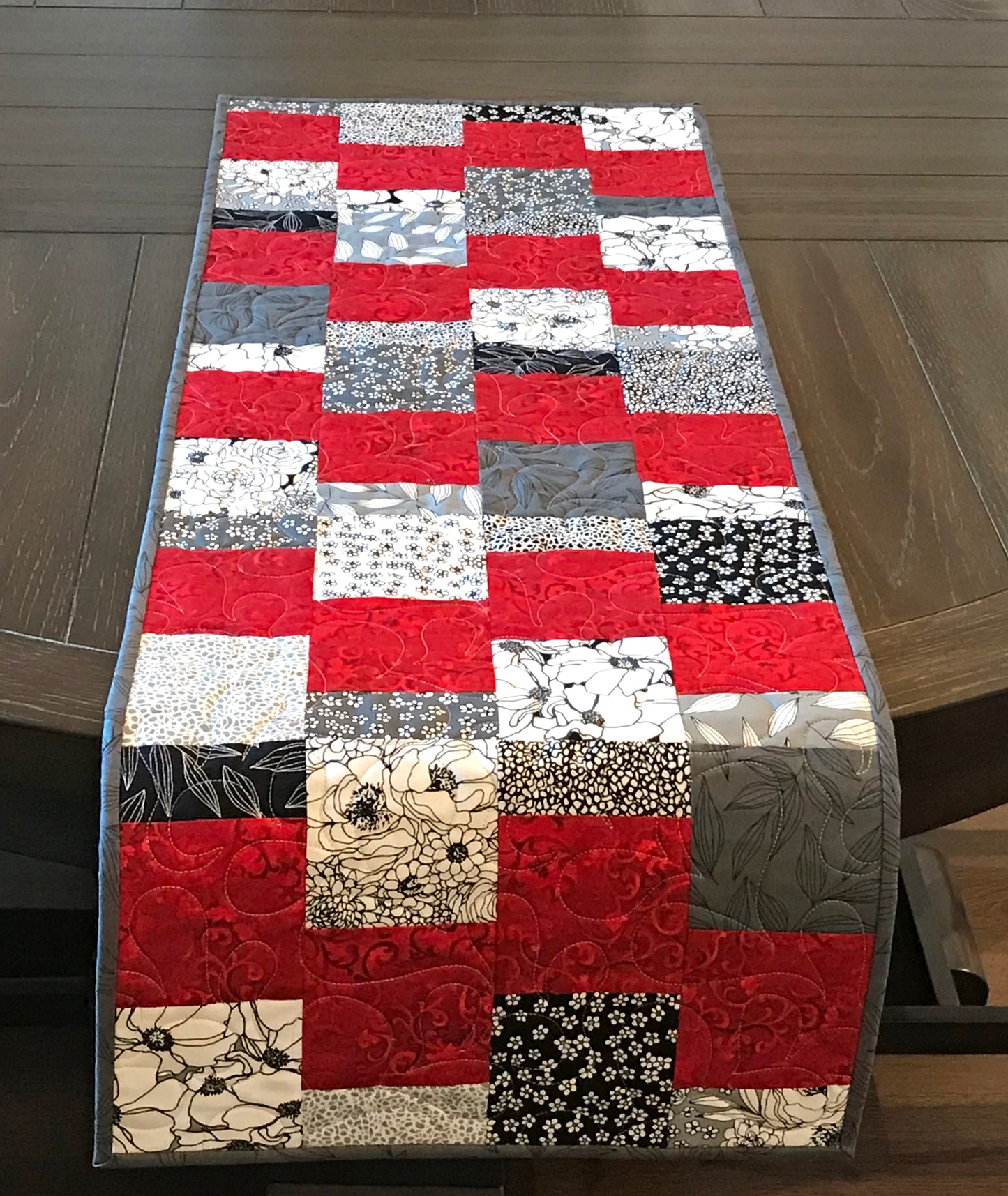Red and Gray Patchwork Table Runner - Handmade Quilts, Digital Patterns, and Home Décor items online - Cuddle Cat Quiltworks