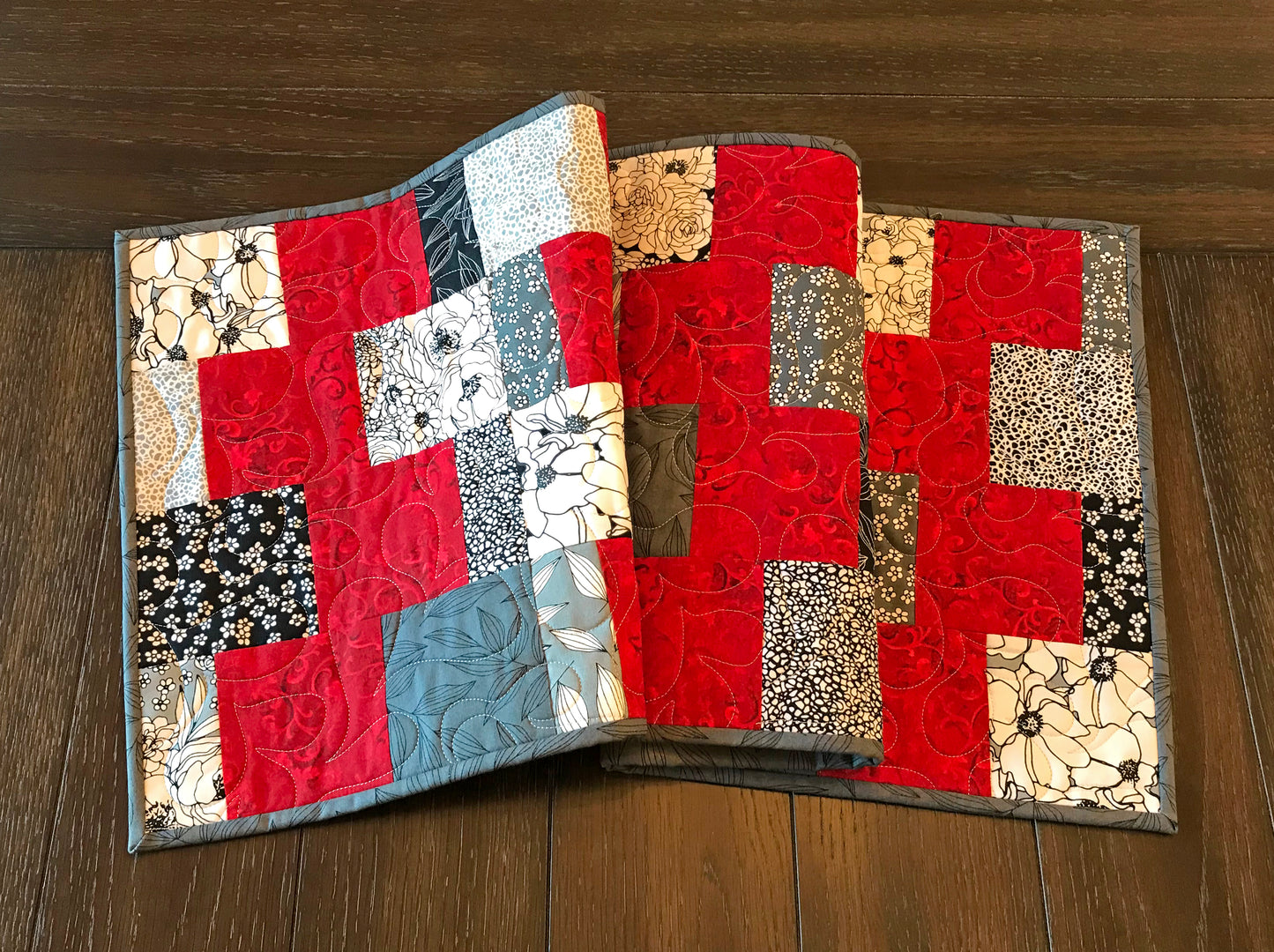 Red and Gray Patchwork Table Runner - Handmade Quilts, Digital Patterns, and Home Décor items online - Cuddle Cat Quiltworks