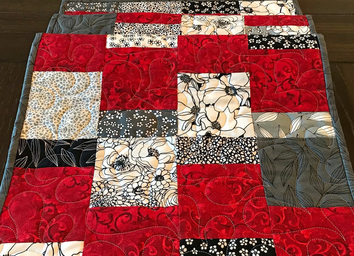 Red and Gray Patchwork Table Runner - Handmade Quilts, Digital Patterns, and Home Décor items online - Cuddle Cat Quiltworks