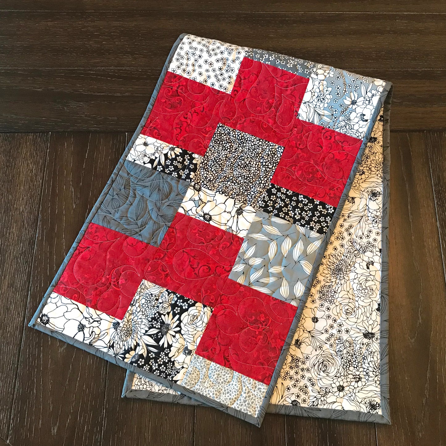 Gray and Red Patchwork Table Runner - Handmade Quilts, Digital Patterns, and Home Décor items online - Cuddle Cat Quiltworks