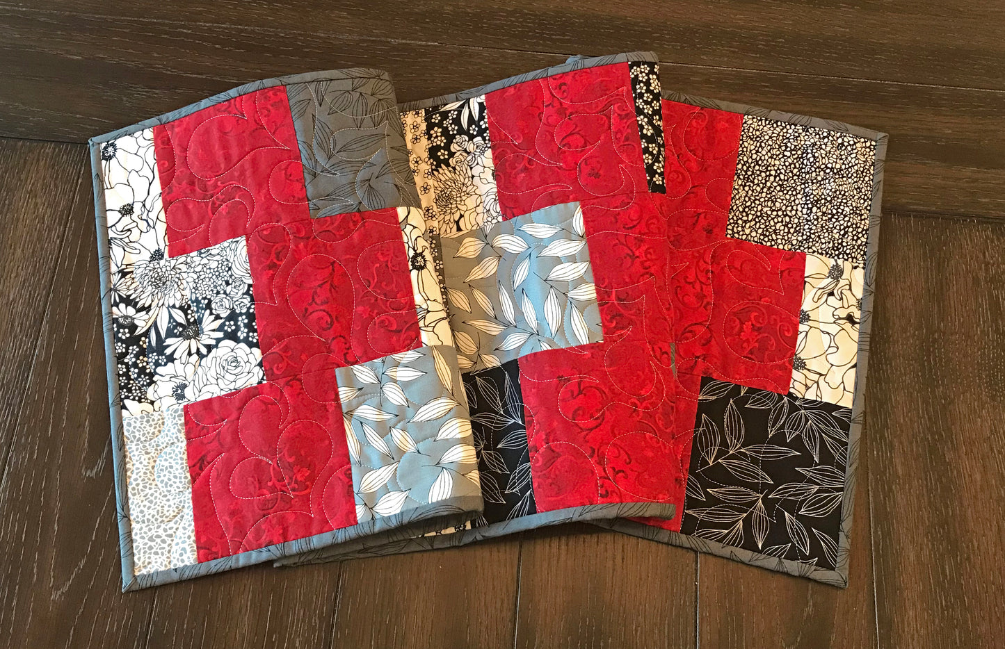 Gray and Red Patchwork Table Runner - Handmade Quilts, Digital Patterns, and Home Décor items online - Cuddle Cat Quiltworks