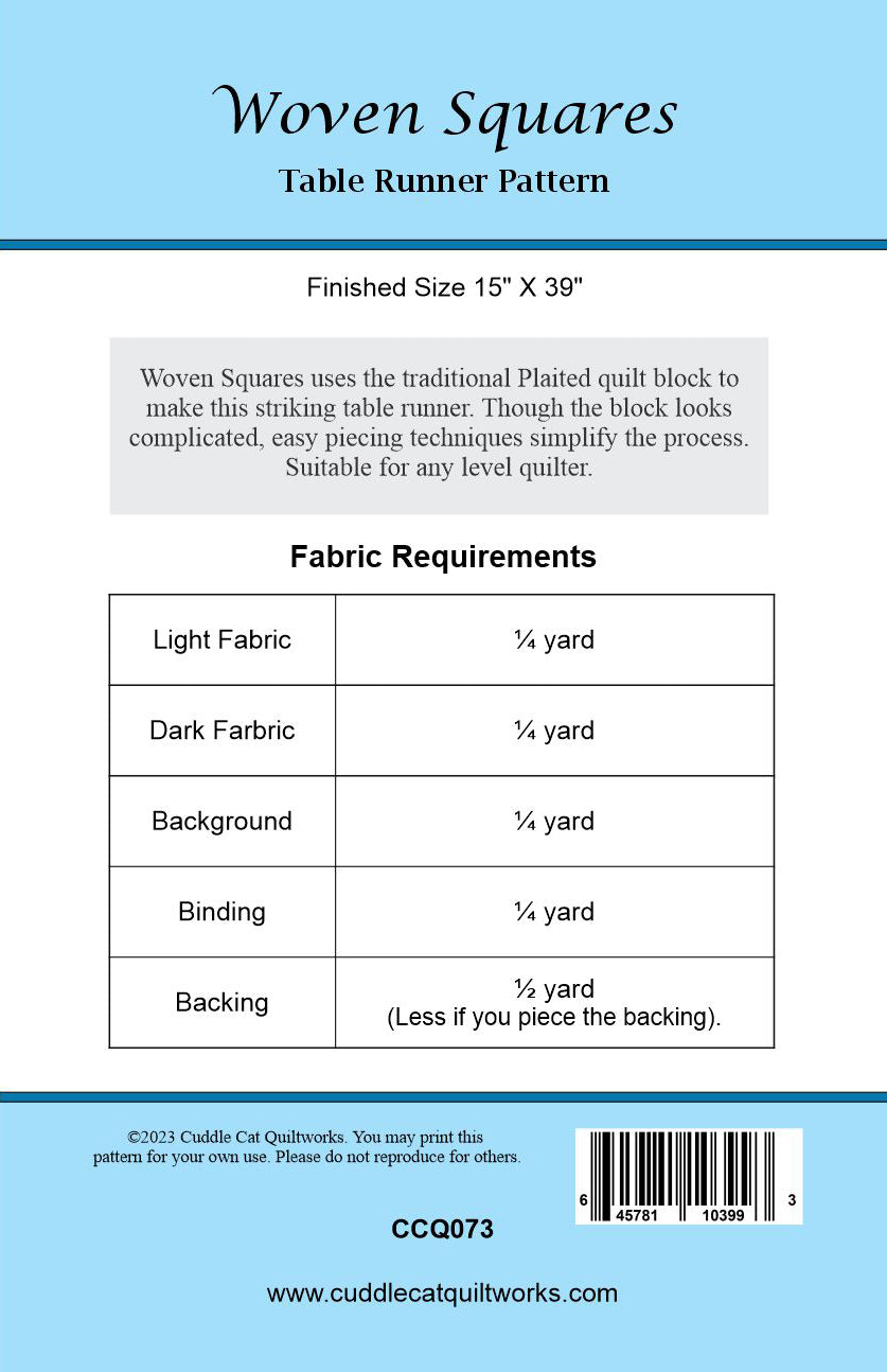 Back cover of Woven Squares table runner pattern