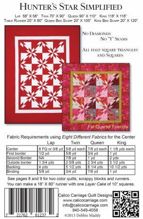 Hunter's Star Simplified Quilt Pattern - Calico Carriage Quilts CCQD153, Seven Sizes Included - No Y Seams and No Diamonds