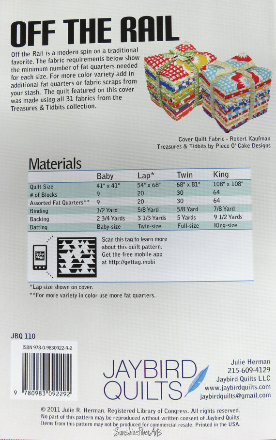 Off the Rail Quilt Pattern - Jaybird Quilts JBQ-110, Fat Quarter Friendly Quilt Pattern, Four Quilt Sizes Included, Modern Quilt Pattern