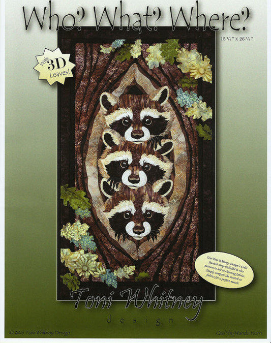 Who? What? Where? Racoon Art Quilt Pattern by Toni Whitney Design WWW030, Raw Edge Fusible Applique Art Quilt Pattern