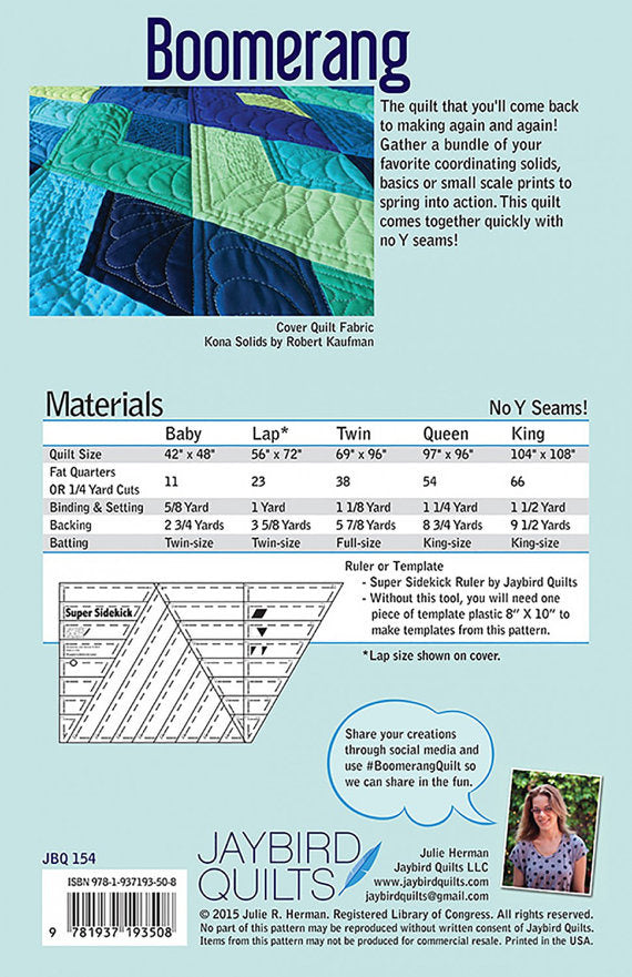 Boomerang Quilt Pattern - Jaybird Quilts JBQ-154, Fat Quarter Friendly Quilt Pattern, Five Quilt Sizes Included, Modern Quilt Pattern
