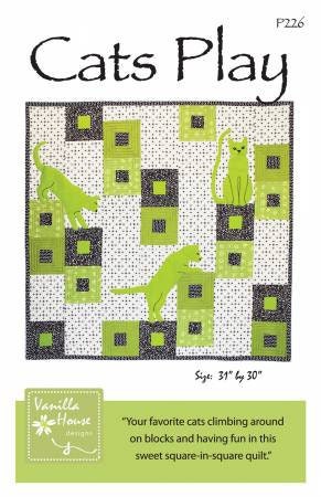 Cats Play Quilt Pattern - Vanilla House Designs P226, Modern Cat Themed Wall Art Quilt - Cat Applique Quilt Pattern - Fat Quarter Friendly