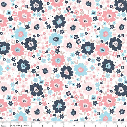 Hello Baby Main White Fabric - Riley Blake Designs C7570 White, Modern Floral Baby Fabric - Pink and Blue Baby Fabric - By the Yard
