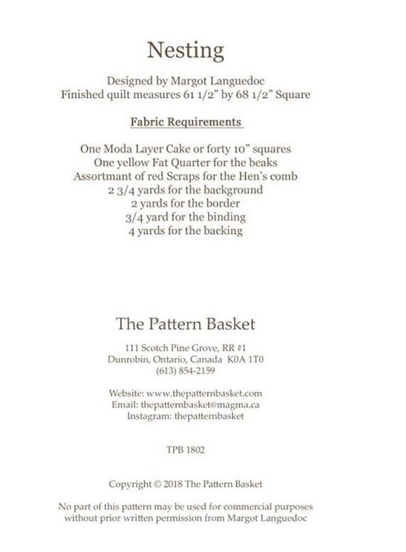 Nesting Bird Quilt Pattern - The Pattern Basket TPB-1802, Margot Languedoc Designs - Birds Quilt Pattern - Layer Cake Friendly Pattern