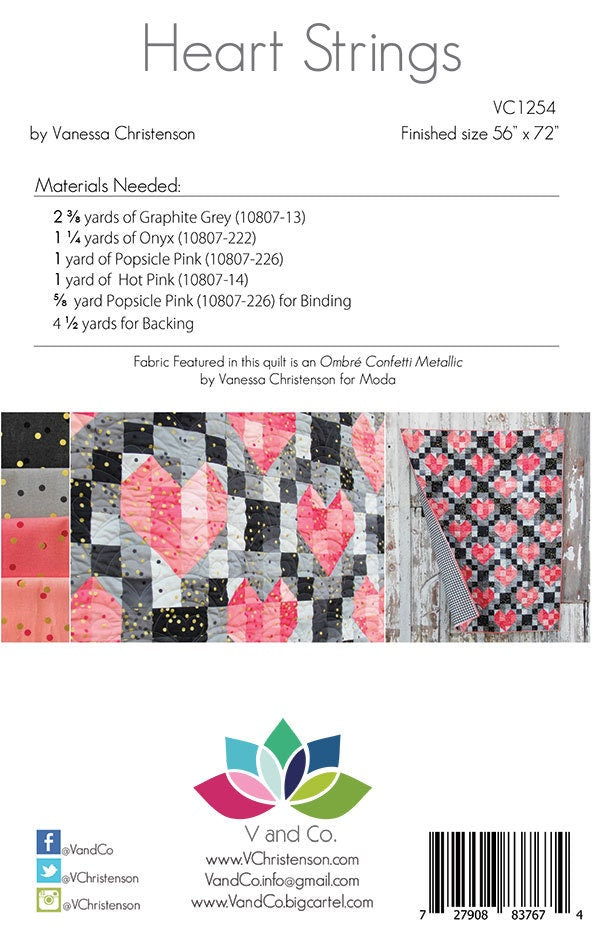 Heart Strings Quilt Pattern - V and Co VC1254, Heart Quilt Pattern - Modern Heart Quilt Pattern
