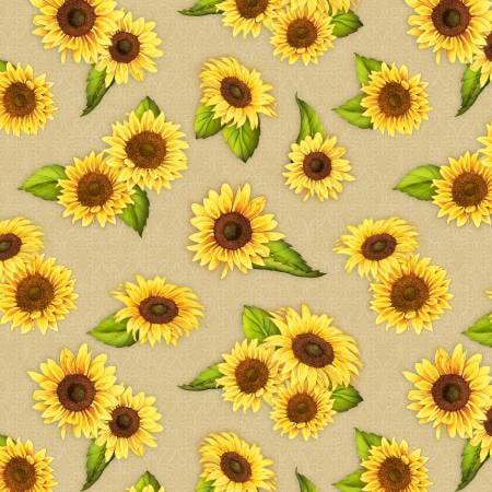 Jardin Du Soleil Tan Sunflower Toss Fabric - Wilmington Prints 32062-257, Yellow and Tan Sunflower Fabric - By the Yard