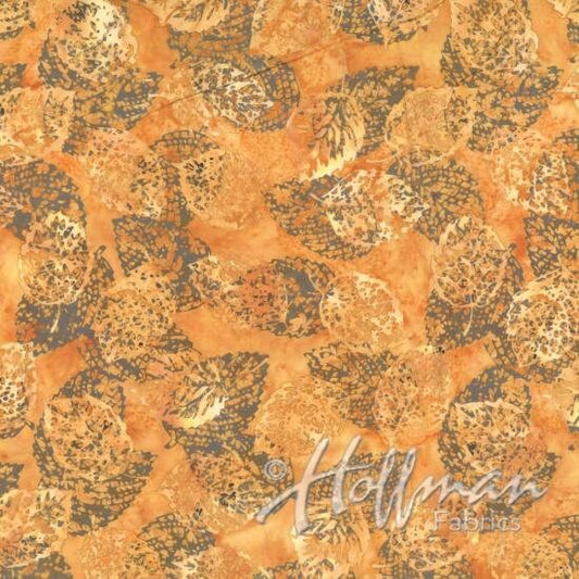 Sahara Grande Burnt Orange and Brown Leaf Batik Fabric - Hoffman Fabrics 2133-250, Orange Batik Fabric - Fall Batik Fabric - By the Yard