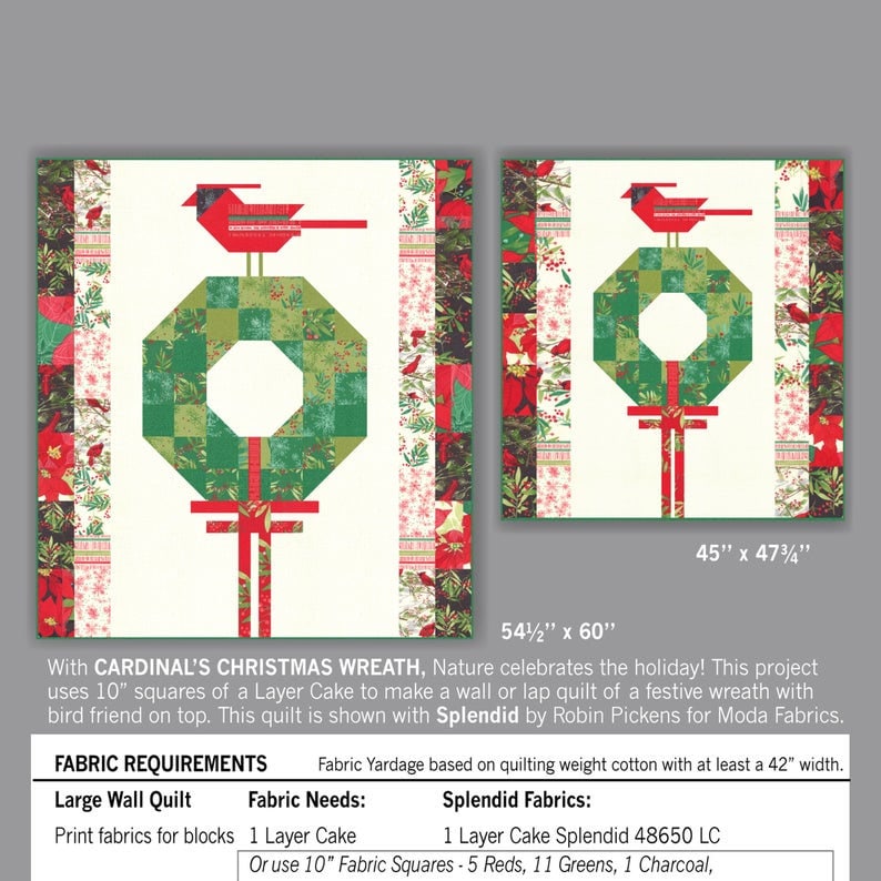 Cardinal's Christmas Wreath Quilt Pattern - Robin Pickens RPQP-CW119, Christmas Cardinal Wall or Lap Quilt Pattern - Layer Cake Friendly