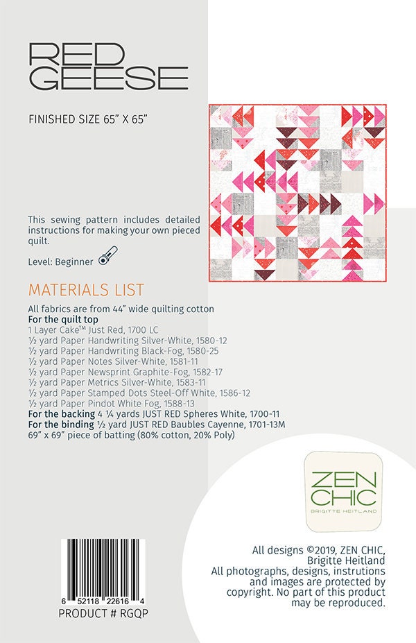 Red Geese Quilt Pattern - Zen Chic ZCRGQP, Flying Geese Quilt Pattern - Modern Quilt Pattern - Layer Cake Friendly Quilt Pattern