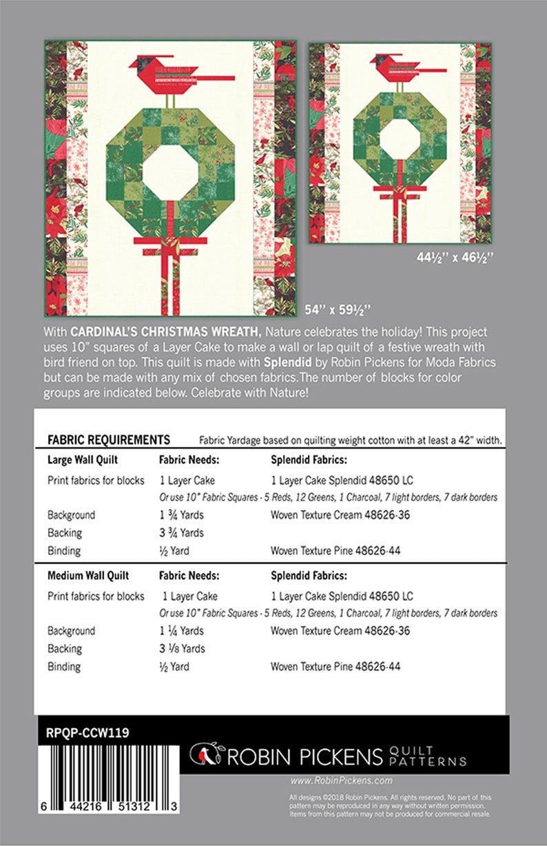 Cardinal's Christmas Wreath Quilt Pattern - Robin Pickens RPQP-CW119, Christmas Cardinal Wall or Lap Quilt Pattern - Layer Cake Friendly