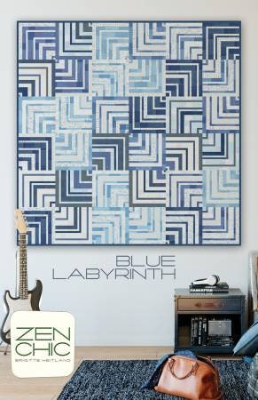 Blue Labyrinth Quilt Pattern - Zen Chic ZCBLQP, Modern Log Cabin Quilt Pattern - Pieced Quarter Log Cabin Quilt Pattern