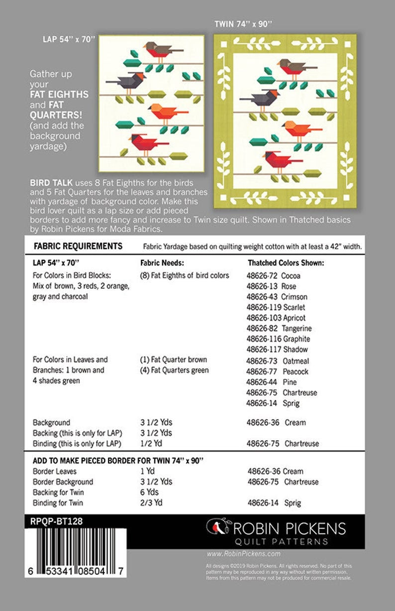 Bird Talk Quilt Pattern - Robin Pickens RPQP-B128, Bird Quilt Pattern - Fat Quarter and Fat Eighth Friendly Quilt Pattern