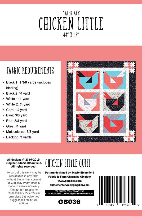 Chicken Little Quilt Pattern - Gingiber G036, Farm Fresh Quilt Pattern - Chicken Quilt Pattern - Farm Quilt Pattern