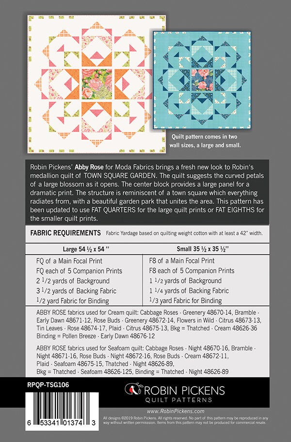 Town Square Garden Quilt Pattern - Robin Pickens RPQP-TSG106, Medallion Wall Quilt Pattern, Fat Quarter & Fat Eighth Friendly Quilt Pattern