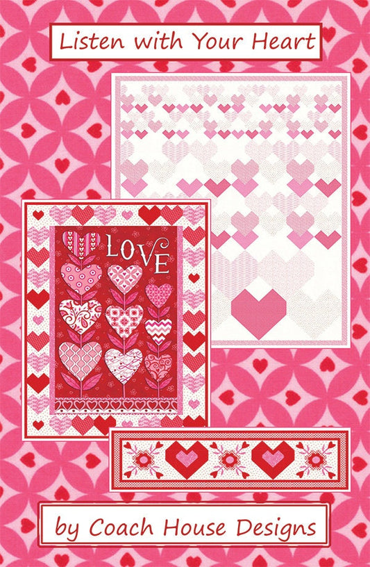 Listen with Your Heart Pattern Set - Couch House Designs CHD-1814, Heart Themed Quilt Patterns Includes Lap Quilt Runner and Wall Hanging