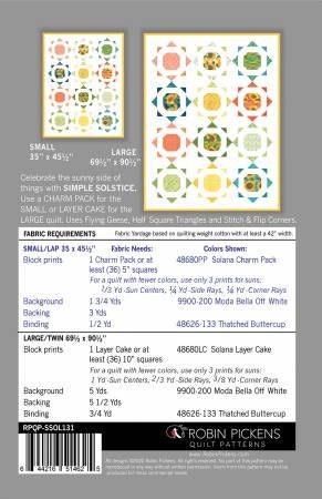 Simple Solstice Quilt Pattern - Robin Pickens RPQP-SSOL131, Charm Pack or Layer Cake Friendly Quilt Pattern in Two Sizes