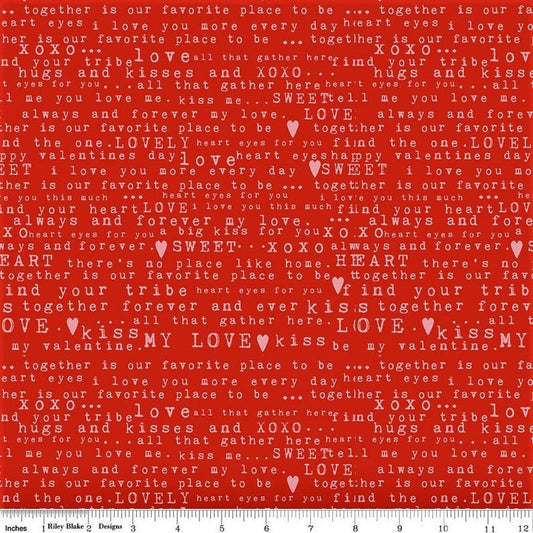 Sending Love Red Text Fabric - Riley Blake C10081-RED, Red Valentine's Day Fabric, Red Text Fabric, Love Words Red Fabric, By the Yard