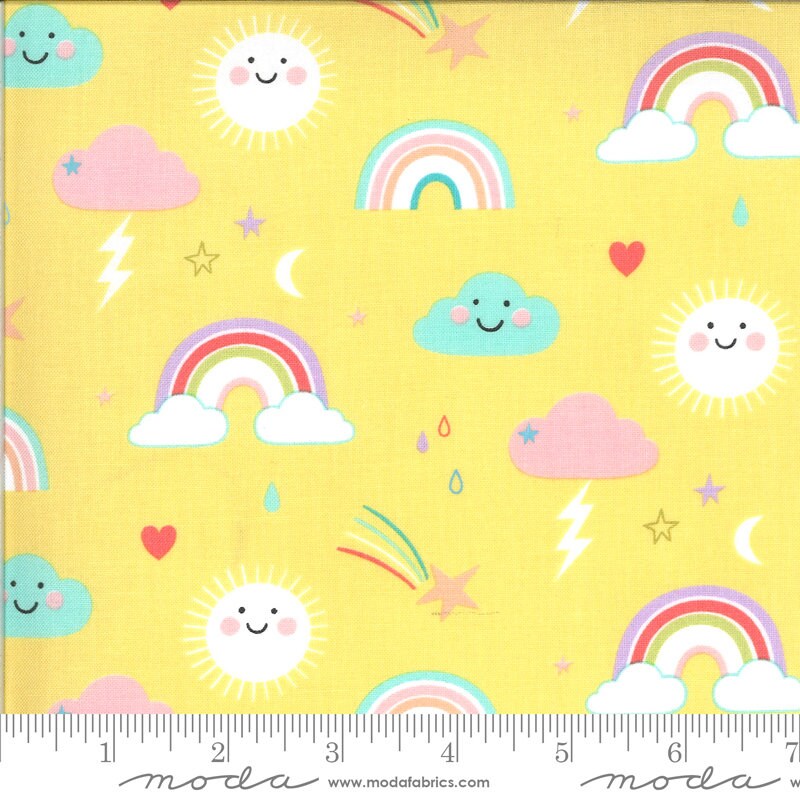 Hello Sunshine Rainbow Sunshine Yellow Fabric - Moda 35350-19, Gender Neutral Baby Fabric, Yellow Baby Fabric, Rainbow Fabric, By the Yard