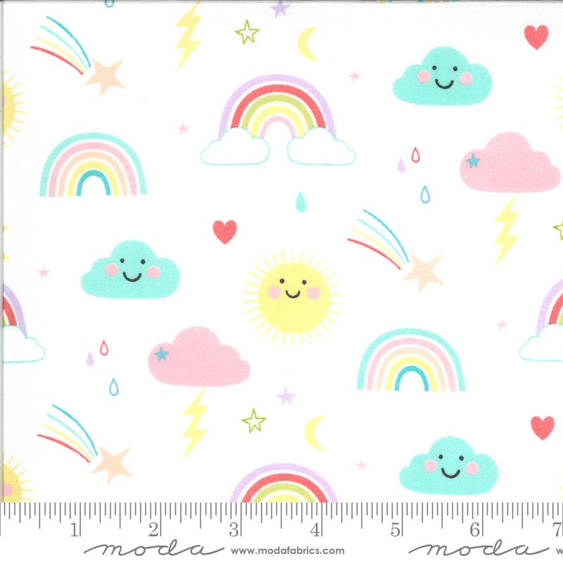 Hello Sunshine Rainbow White Fabric - 24" REMNANT CUT - Moda 35350-11, Gender Neutral Baby Fabric, Unisex Baby Fabric, Rainbow Fabric