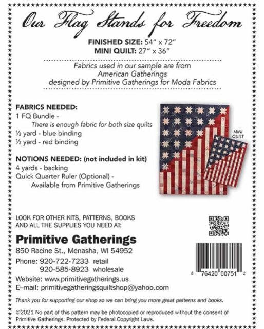 Our Flag Stands for Freedom Quilt Pattern - Primitive Gatherings PRI-751, American Flag Quilt Pattern in Two Sizes, Patriotic Quilt Pattern