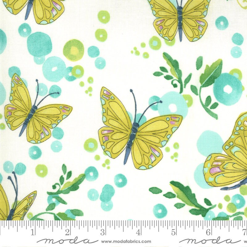 Cottage Bleu Cream Butterflies Fabric - Moda 48691-11, Butterfly Themed Aqua Yellow Cream Fabric, By the Yard
